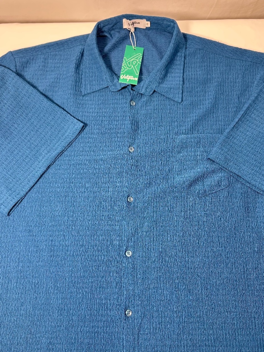 Vatpave Men's Short Sleeve Textured Camp Button Up Blue Shirt Size 3XL NWT